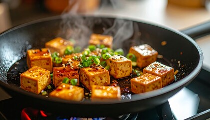 Pan-Fried Tofu Cubes with Green Onions in a Black Pan