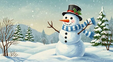 Naklejka premium Smiling snowman in a winter wonderland scene with falling snow and pine trees. Festive holiday seasonal illustration perfect for greeting card.