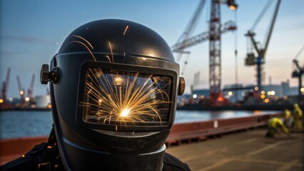 Fototapeta premium ant leaf nature red carry Concept. Welder working at sunset, sparks flying near cranes and water in the background.