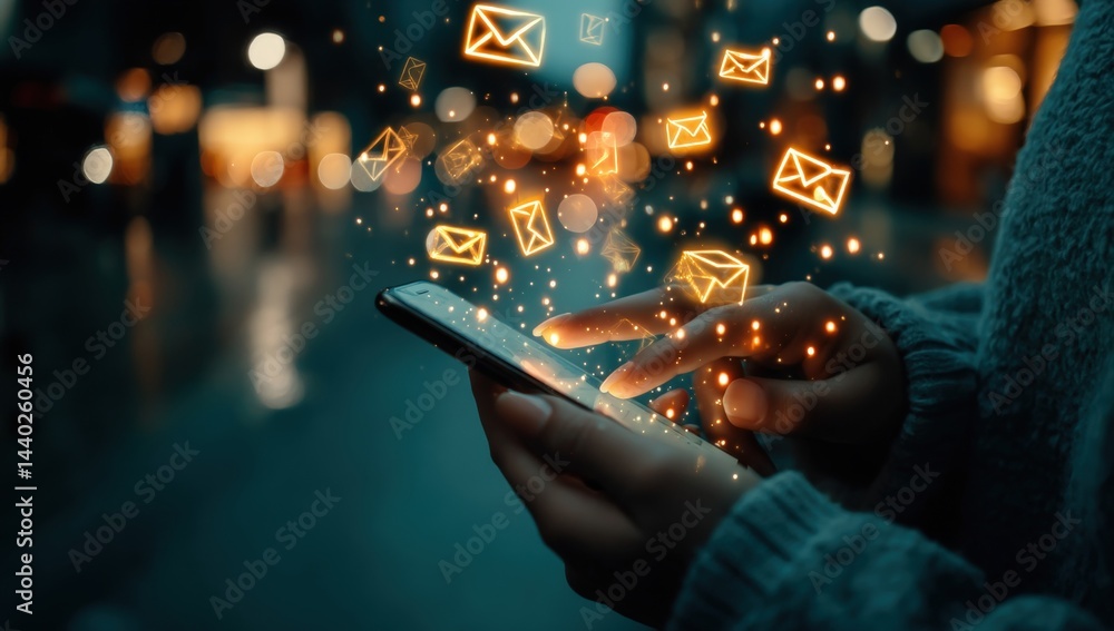 Poster a person uses a smartphone as glowing email icons float above, symbolizing digital communication in 