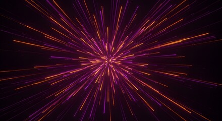 Fototapeta premium AI image abstract background featuring radiating purple and orange light streaks bursting outwards from a central point, simulating high speed or explosion
