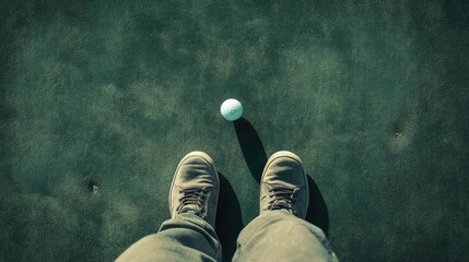 Aerial view of a golfer preparing to putt.