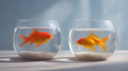 Two orange goldfish swim in clear glass bowls on white background peaceful aquatic scene home aquarium on transparent background