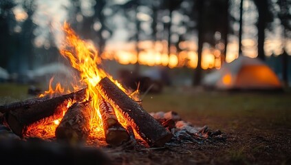 A campfire is lit in the foreground, with flames flickering and smoke rising from its edges. In