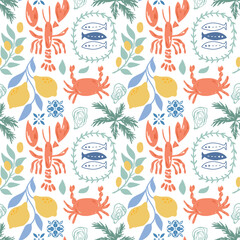 Colorful Mediterranean summer seamless pattern decorative hand drawn lobster, crab, sardine, lemons, palms. Cute floral seafood wallpaper, background, textile design. Vector Italian vacation print