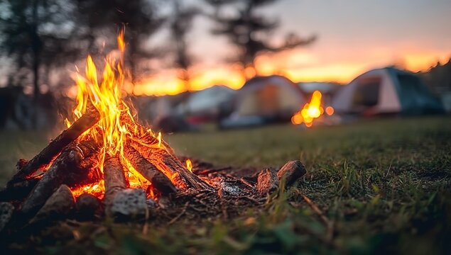 A campfire is lit in the foreground, with camping tents and equipment blurred in the background at
