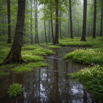 "A spring forest after rain, with small puddles reflecting tall green trees, fresh wet earth, blooming wildflowers at the forest floor, and mist softly hanging in the cool air, ultra-realistic and imm
