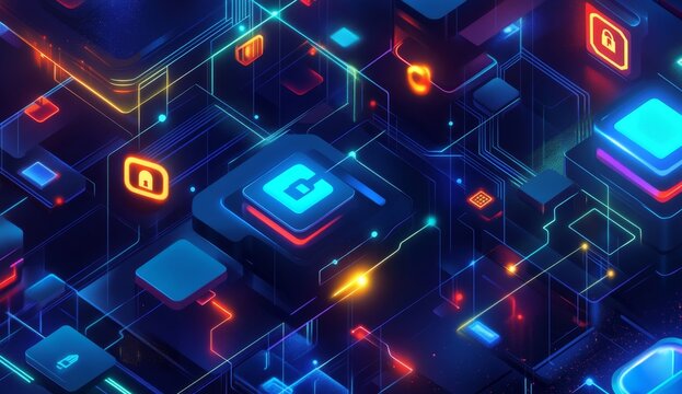 Abstract digital circuit board with glowing components