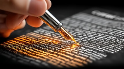 A hand holds a pen with an orange liquid at the tip, over writing.