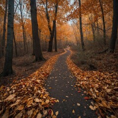 "A realistic autumn forest trail covered with dry, crisp leaves in deep shades of orange, red, and brown, trees partially bare, and a cool breeze gently stirring the fallen leaves across the path"