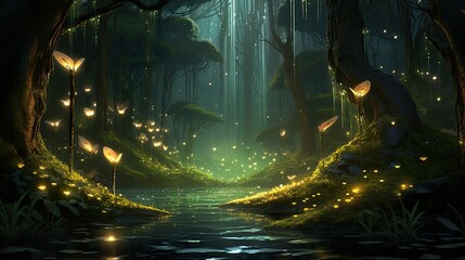 Radiant glow from fireflies in enchanted forest
