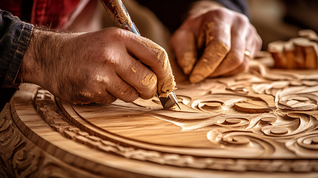 Woodcarver Crafting Intricate Designs on a Round Wooden Panel