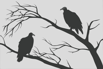 Obraz premium Two vultures silhouetted on a bare tree branch in gray vector