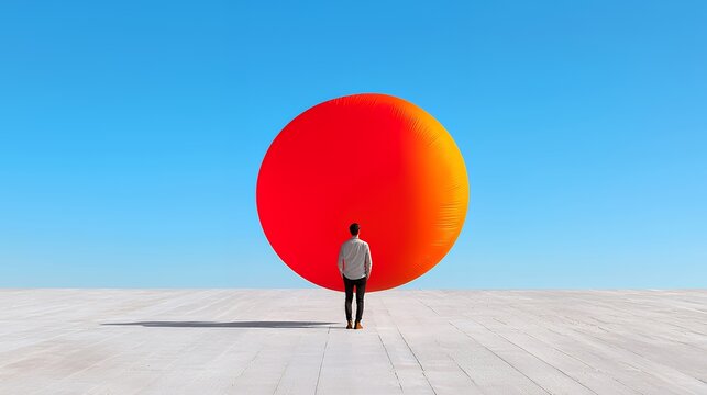 Man Standing and Looking at Large Red Sphere Under Blue Sky