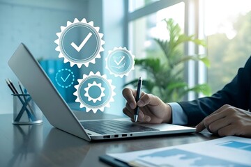 Modern Office Productivity Concept with Technology and Certification Symbols