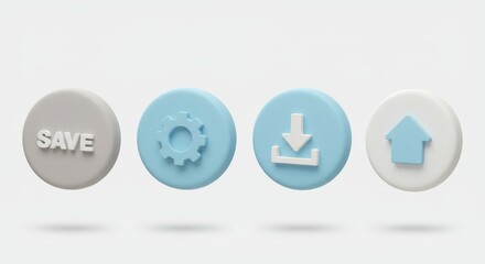 3D Rendering: Save, Settings, Download, and Upload Button Icons on a White Background.