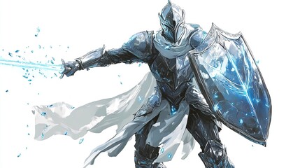 Ice knight wielding glowing sword and shield.