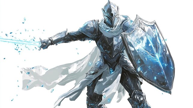 Ice knight wielding glowing sword and shield.