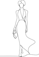Beautiful woman in long flowing dress in continuous line art drawing style. Girl wearing luxury evening or bridal gown. 