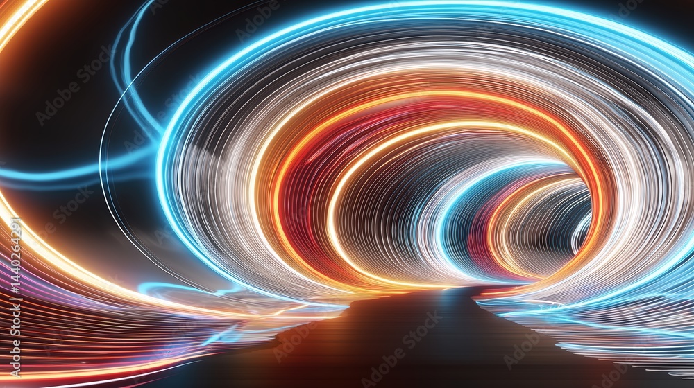 Poster abstract futuristic tunnel with neon glowing lines in blue, orange, red colors on black background. 