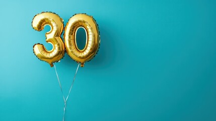 Radiant gold number thirty balloons floating against a vibrant teal backdrop