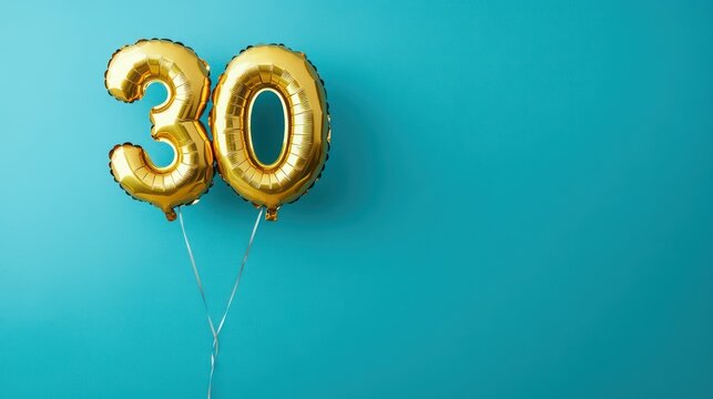 Radiant gold number thirty balloons floating against a vibrant teal backdrop