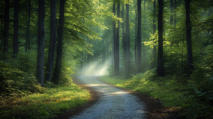 Fototapeta premium Forest path illuminated by soft sunlight filtering through trees