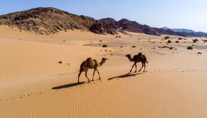 Fototapeta premium Two Camels Walking Across a Sandy Desert Under Bright Sunlight