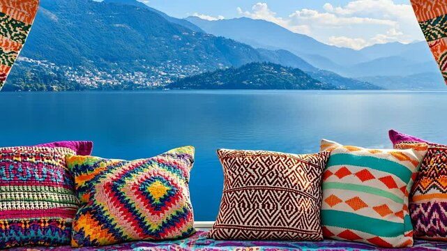 Vibrant Textiles and Scenic Lake View with Mountains in Background