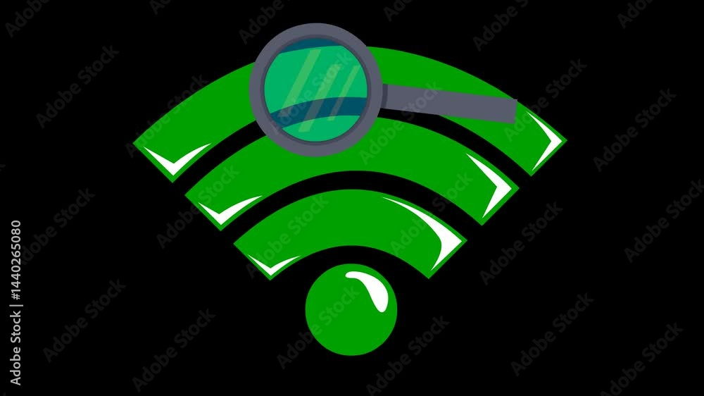 Poster video animation icon wifi symbol and magnifying glass tool, in concept of search for wi-fi signal sy