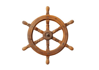 Rustic wooden ship wheel isolated on white background with nautical theme for maritime decor