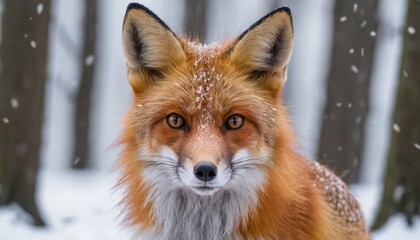 Obraz premium Majestic Red Fox Gazing in Snowy Forest with Glowing Eyes and Soft Fur Under Falling Snowflakes