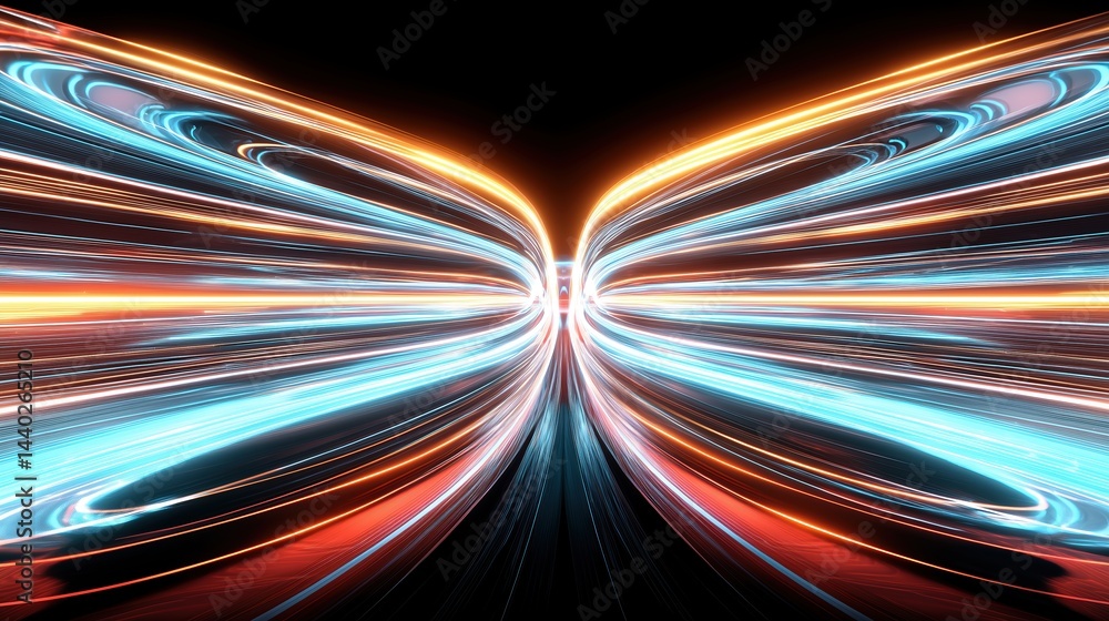 Fototapete Abstract futuristic tunnel with neon glowing lines in blue, orange, red colors on black background. 3D rendering illustration of abstract space portal with glowing curved stripes. Vector design elemen