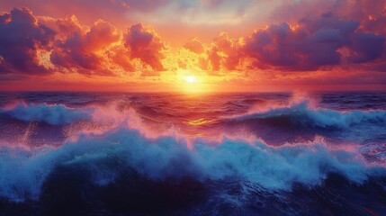 Fototapeta premium Ocean waves under a colorful sunset sky with clouds and bright light.