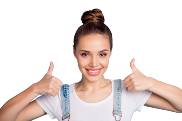 Close up photo of lovely girl showing thumb up smiling wearing white t-shirt denim jeans overalls isolated over blue background