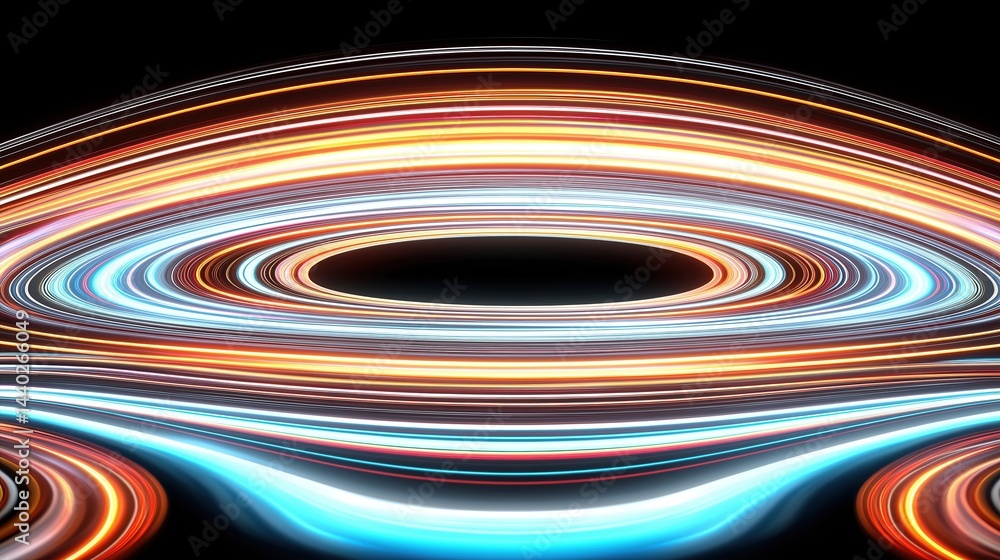 Poster Abstract futuristic tunnel with neon glowing lines in blue, orange, red colors on black background. 3D rendering illustration of abstract space portal with glowing curved stripes. Vector design elemen