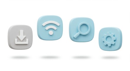 Pastel App Icons: Download, WiFi, Search, and Settings on White.