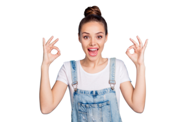 Portrait of cheerful lady screaming wow omg wearing white t-shirt denim jeans overalls isolated over blue background