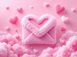Fototapeta premium Fluffy Pink Envelope Surrounded by Hearts and Clouds in a Valentine's Day Theme