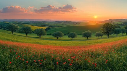 Obraz premium Rolling hills and trees at sunset with a field in the foreground.