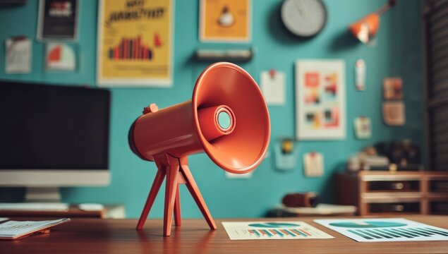 A red megaphone sits on a modern office desk surrounded by charts, documents, and colorful wall art in a creative workspace , Social media influence marketing.