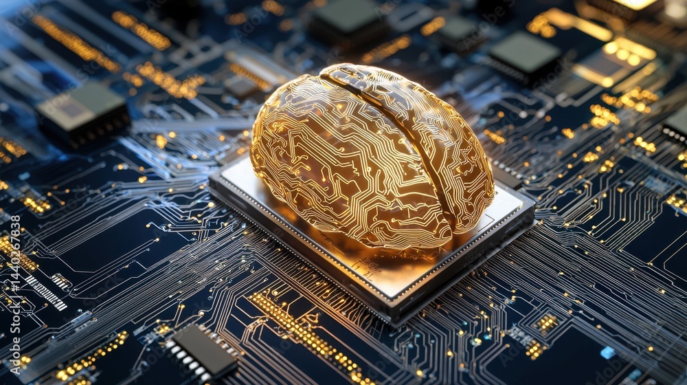 Poster artificial intelligence chip on micro circuit, digital data patterns emerging