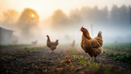 Fototapeta premium ant leaf nature red carry Concept. Chickens roam on a misty morning farm with a soft sunrise glow.