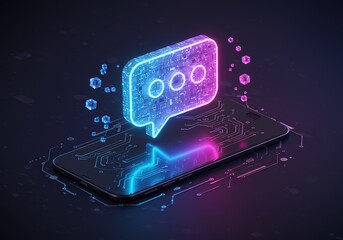 Futuristic Smartphone with Glowing Message Bubble, Circuit Board, Neon Pink and Blue