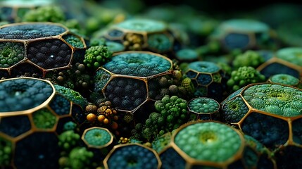 Close up of polygon shapes with textured surfaces and clustered green formations.