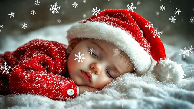Sleeping Baby in Santa Hat Surrounded by Snowflakes and Comfort