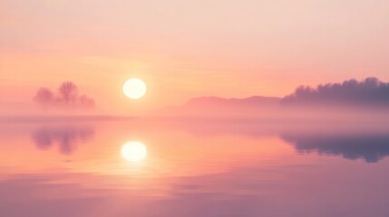 Fototapeta premium Misty sunrise lake reflection, peaceful dawn