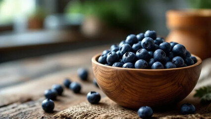 Wooden bowl of bilberries in the kitchen
