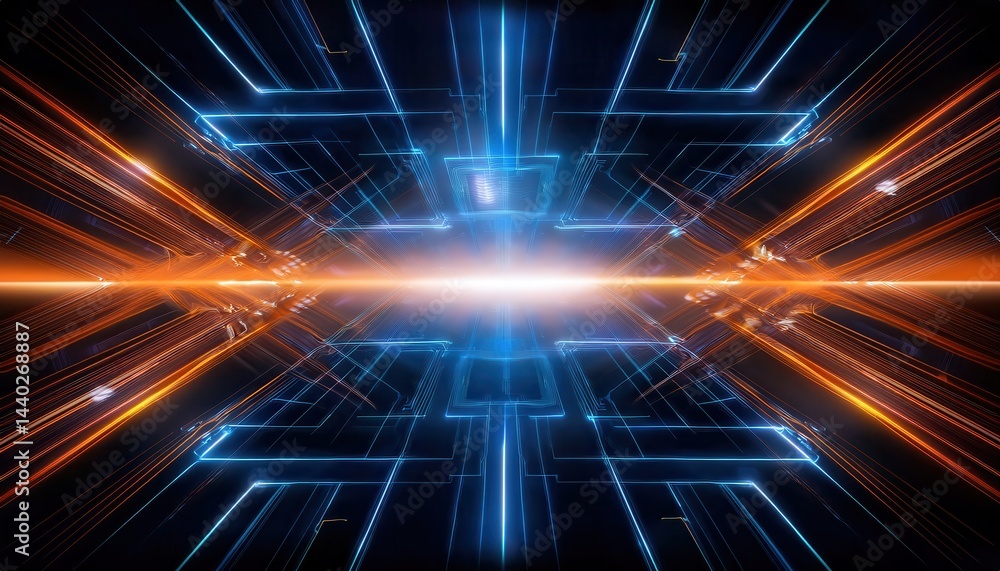 Poster futuristic tech background with deep blue and vibrant orange accents illuminated by dynamic light pa