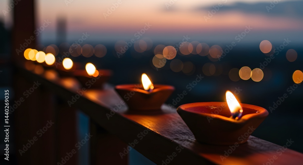 Poster ai image showing a row of glowing diya lamps on a railing during twilight, creating a festive bokeh 